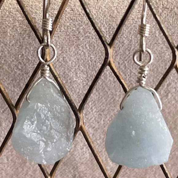 Natural Aquamarine Earrings Sterling Silver Wire Wrapped Raw Gemstones –Handmade - Picture 3 of 10